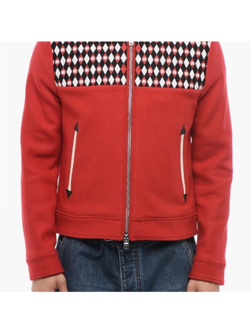 AMIRI Red Zip-Up Sweater Jacket with Argyle Panel